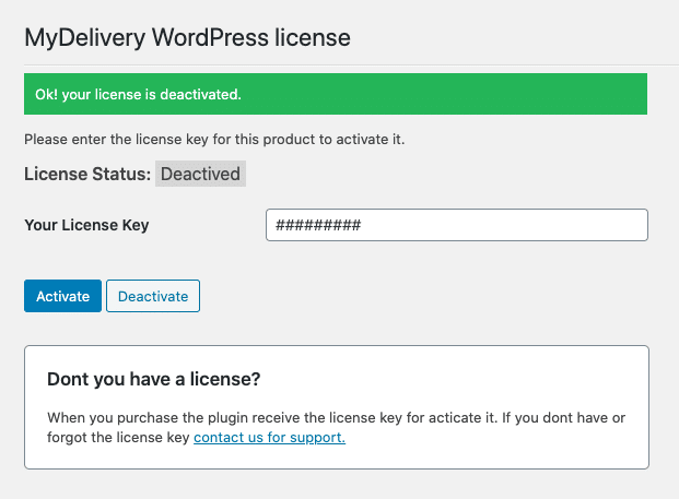 MyDelivery WordPress Deactivate license