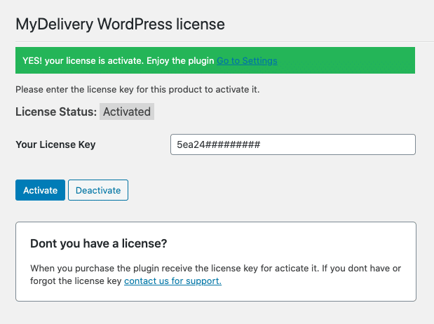 MyDelivery WordPress activate license